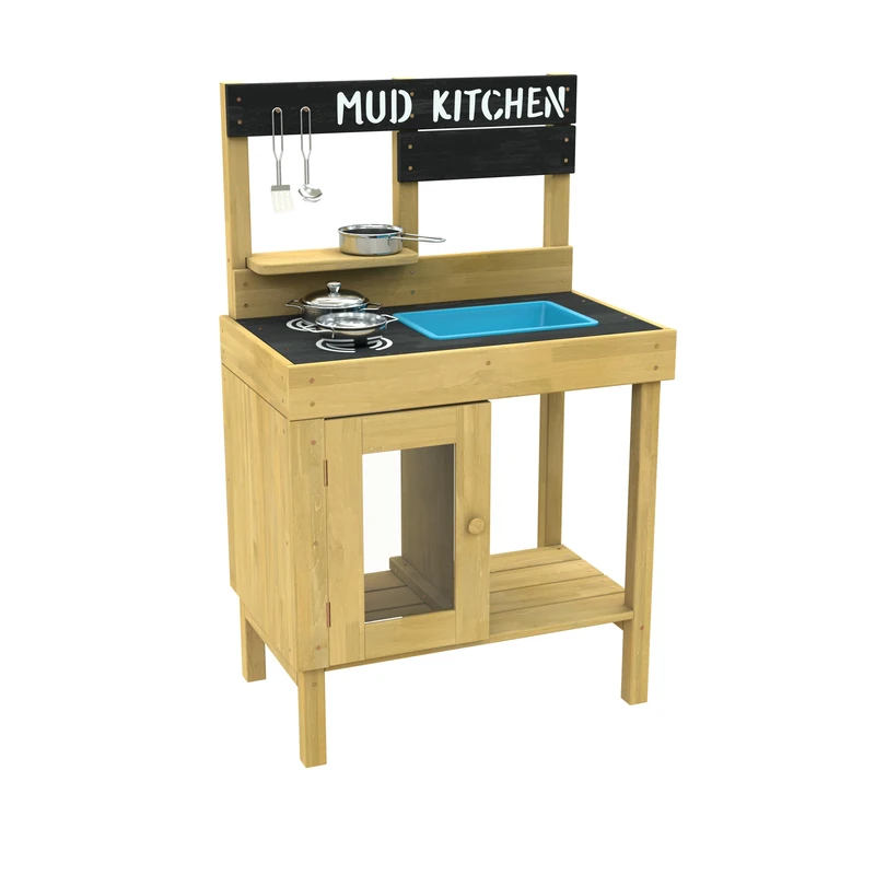 TP Toys Junior Cook Wooden Mud Kitchen - FSC Certified Timber. Includes A Starter Set Of Stainless Steel Pans & Utensils. Predrilled Holes And Easy Slot Frame, Perfect For Sand Play - 3 Years+