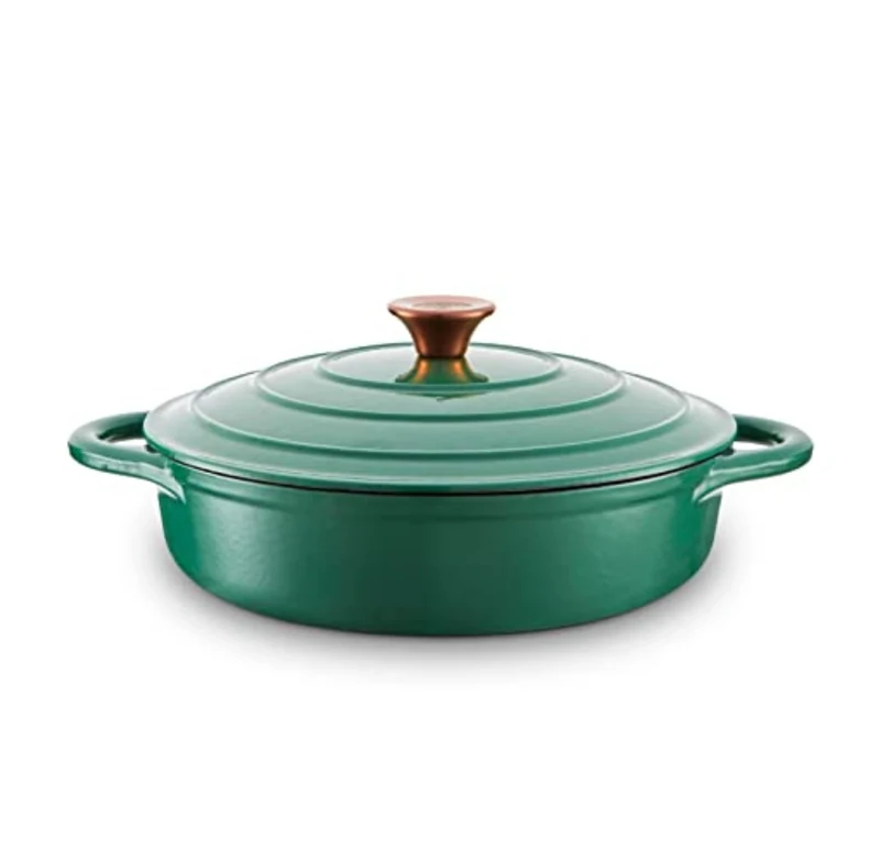 Barbary & Oak BO800253GRN Shallow Cast Iron Casserole Pan with Durable Enamel Interior, 28cm, Verdigris Green