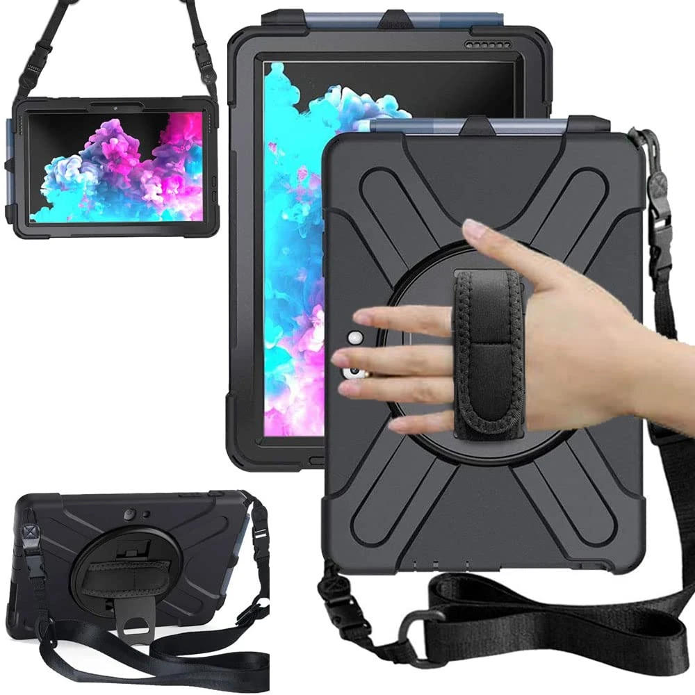 TECHGEAR X-Case fits Microsoft Surface Go 4 / Surface Go 3/2 / 1 10.5" Tough Rugged HEAVY DUTY Armour Shockproof Impact Case, 360 Rotating Stand, Hand Strap and Shoulder Strap - Black