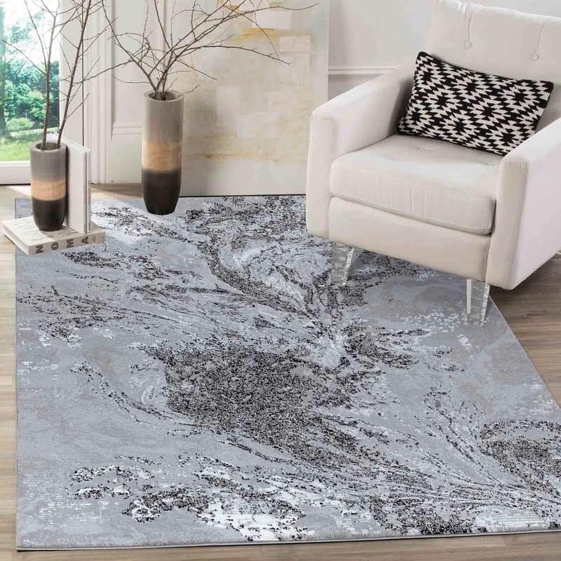 Serdim Rugs Serenity Modern Abstract Water Flow Grunge Textured Contemporary Area Rugs, Black, Rectangle 200 x 290cm