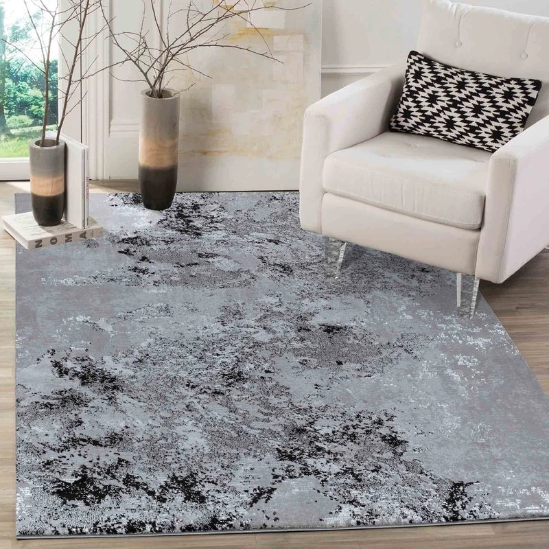 Serdim Rugs Serenity Modern Abstract Sprayed Grunge Textured Contemporary Area Rugs, Black, Rectangle 200 x 290cm