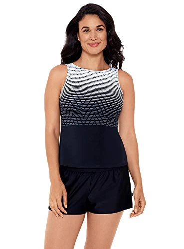 Reebok Women's Swimwear Sharp Focus High Neck Soft Cup Tankini Top, Black White, 14