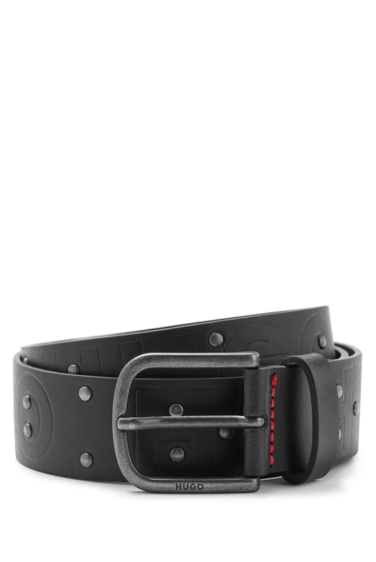 HUGO Mens Glau-Studs Sz35 Studded Italian-leather belt with embossed logos