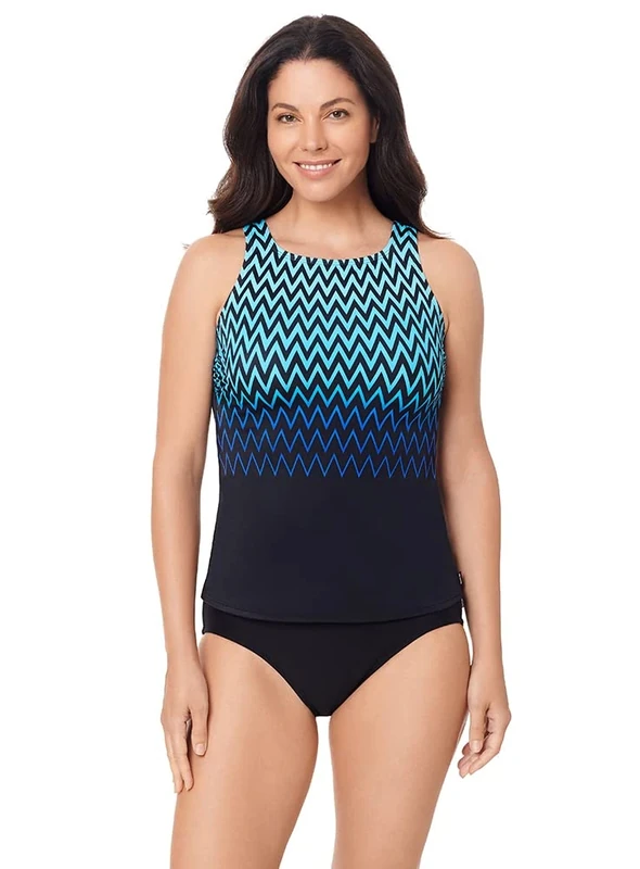Reebok Women's Swimwear So Electrifying High Neck Soft Cup Tankini Top, Blue, 08