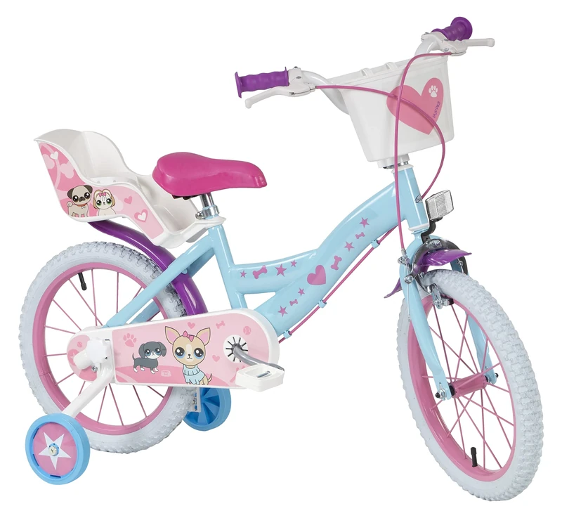 Toimsa Pets, 16 inch Bicycle/Kids Bike, with Basket, Doll Seat, training stabilisers, adjustable seat and handlebars- 5-7yrs, Light Blue, Pink and Purple