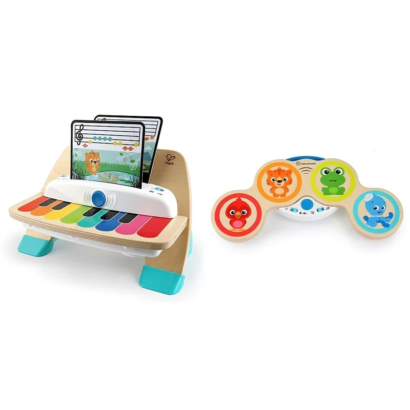 Baby Einstein Hape Magic Touch Piano Wooden Musical Toy Instruments for Toddlers, 2 Play Modes, 6 Songs, Volume Control, Age 6 Months + & Magic Touch Wooden Drum Musical Toy, Ages 6 Months Plus