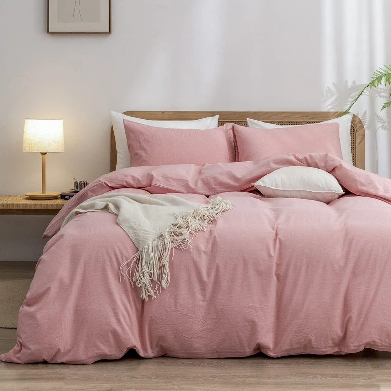 BESTOUCH 100% Washed Cotton Bed Linen Set, Super Soft Touch Comfortable Chic Lightweight 3-Piece Bed Linen Set Home Solid Red Pink King