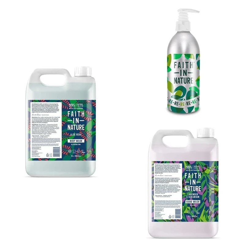 Faith In Nature Body Care Bundle Featuring: Aloe Vera Body Wash 5L, Lavender & Geranium Hand Wash 5L and Aluminium Refill Bottle 450ml