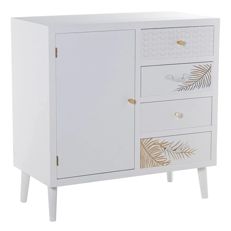 DRW Sideboard with 1 Door and 4 Drawers Wooden with Embossed Leaf in White and Gold 80 x 40 x 80 cm