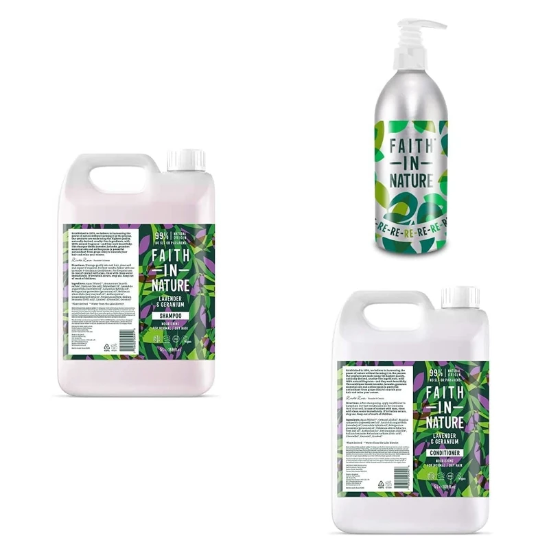 Faith In Nature Hair Care Bundle Featuring: Lavender & Geranium Shampoo 5L, Lavender & Geranium Conditioner 5L and Aluminium Refill Bottle 450ml