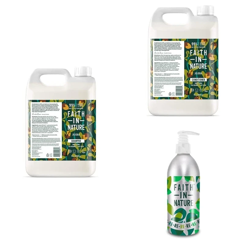 Faith In Nature Hair Care Bundle Featuring: Jojoba Shampoo 5L, Jojoba Conditioner 5L and Aluminium Refill Bottle 450ml
