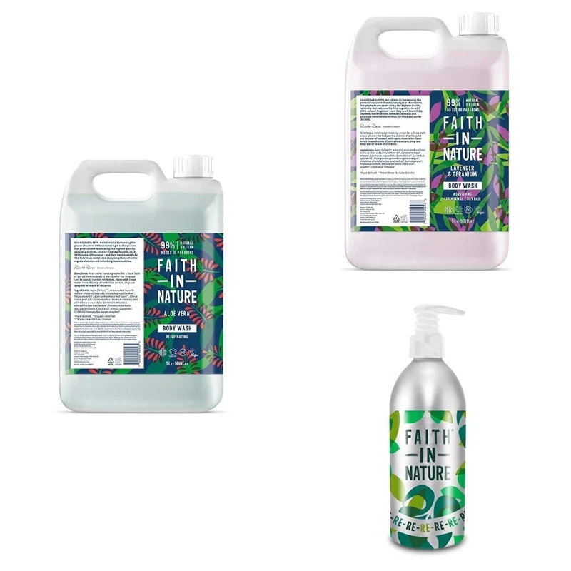 Faith In Nature Body Care Bundle Featuring: Aloe Vera Body Wash 5L, Lavender & Geranium Body Wash 5L and Aluminium Refill Bottle 450ml
