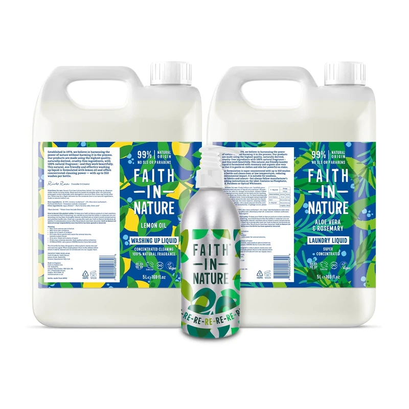 Faith In Nature Household Care Bundle Featuring: Laundry Liquid 5L, Washing Up Liquid 5L and Aluminium Refill Bottle 450ml