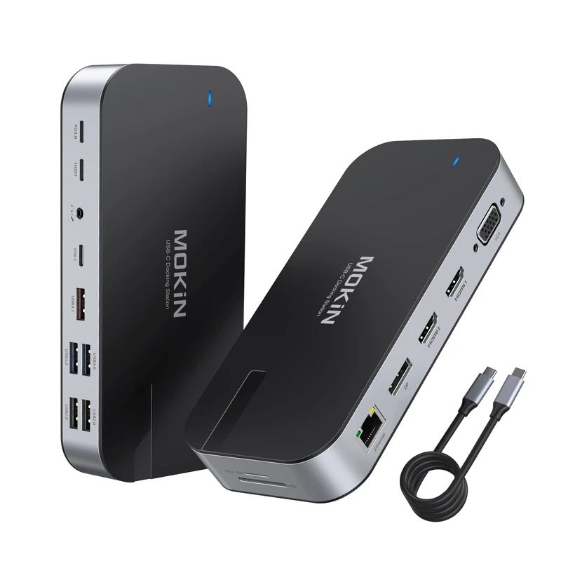 MOKiN USB C Docking Station Dual Monitor Laptop Docking Station with 4K Dual HDMI, VGA, Display Port, Gigabit Ethernet, 4xUSB, 100W PD, SD/Micro SD Card Reader, Thinkpad T480, XPS 13/15