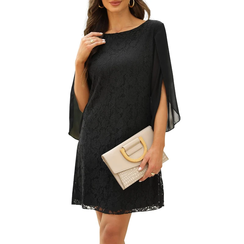 COOAN Wedding Guest Dresses for Women,Cocktail Dress,Dresses for Weddings as a Guest, Lace Chiffon Evening Dress, Black, XL