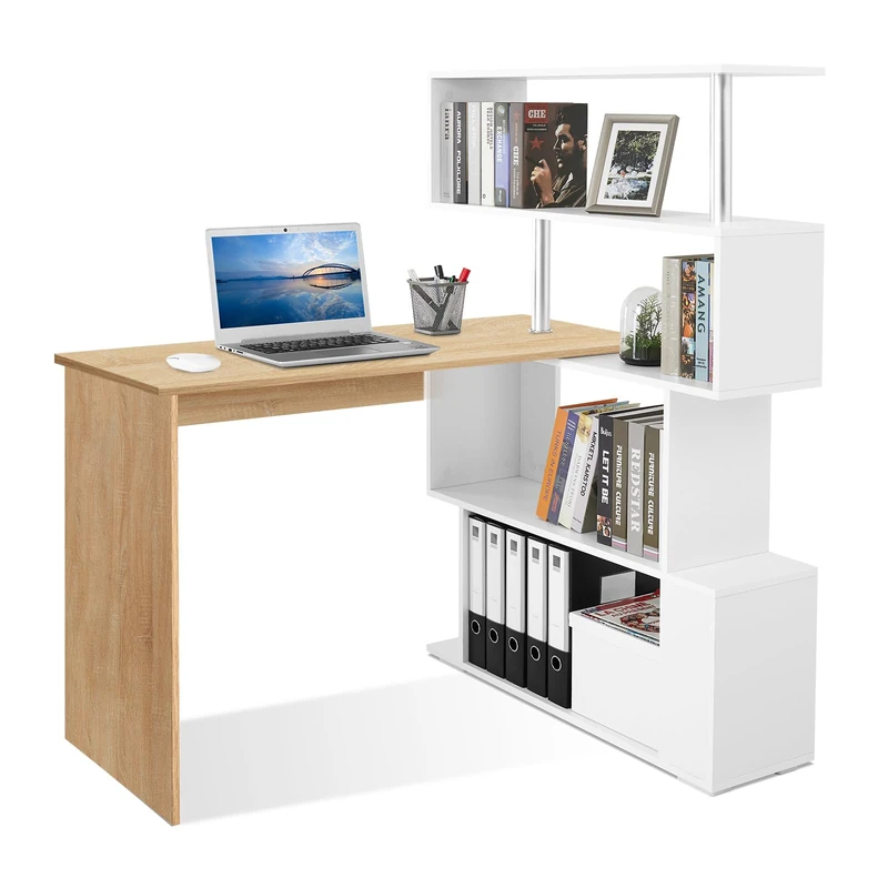 Meerveil L Shaped Computer Desk, Corner Desk, 360 Degree Rotatable Shelves, Space Saving Table with Spacious Storage for Home Office Workstation Study, 157 x 45 x 130.5 cm, White and Wood