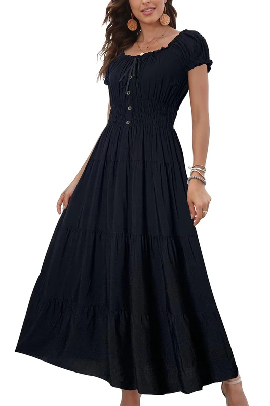 OSTOO Women's 2024 Summer Boho Floral Print Tiered Casual Flowy Long Maxi Dress, Solid Black, XXL
