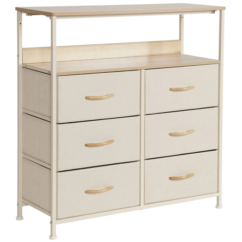 LYNCOHOME Beige Fabric Chest - 6 Drawers, Steel Frame & Wood Top