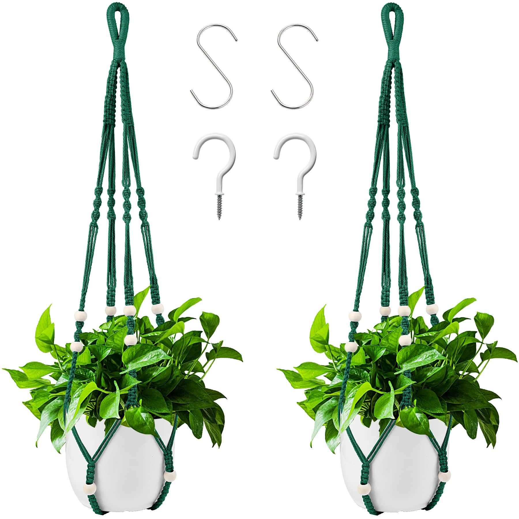 Augshy Macrame Plant Hangers Dark Green Hanging Pots for Indoor Outdoor Home Decoration Hanging Plant Holder Without Fringe, Set of 2 with 4 Hooks