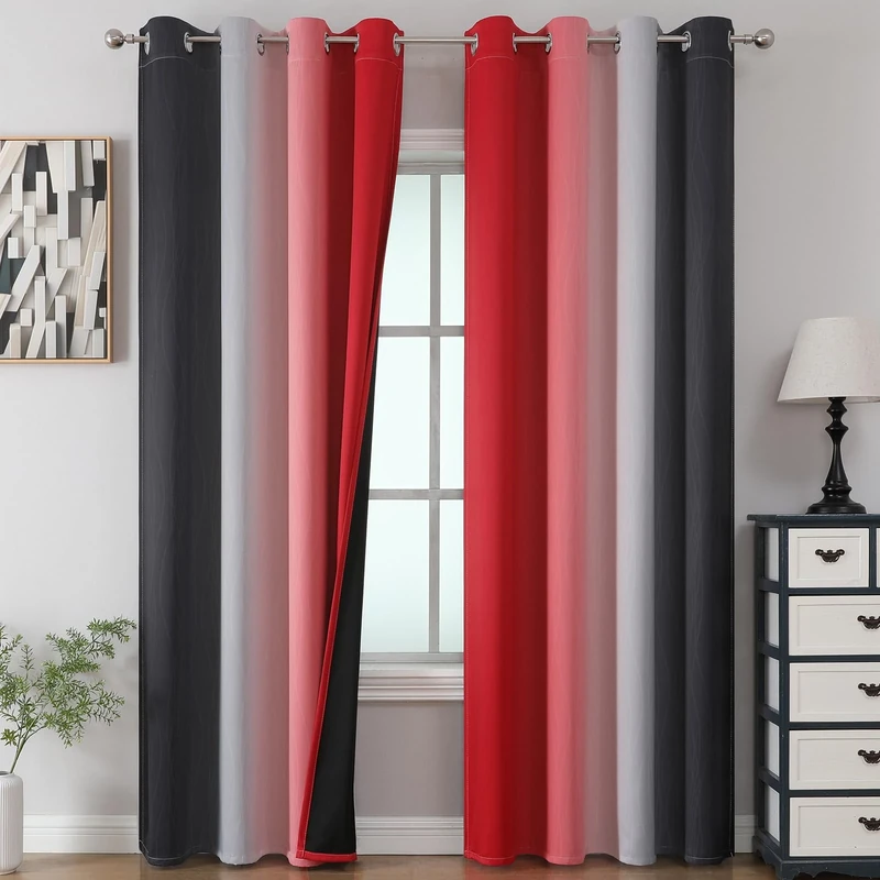 Black and Red 100% Blackout Curtains 84 Inches Long, Ombre Blackout Drapes for Bedroom, Full Light Blocking Thermal Insulated Gradient Grommet Curtain Drapes for Living Room, 52x84 Inch, 2 Panels