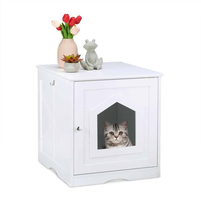 Relaxdays Cat Litter Box Cabinet, Wooden Cupboard Design, Cat Toilet Box, Pet House, H x W x D 52 x 48 x 53 cm, White