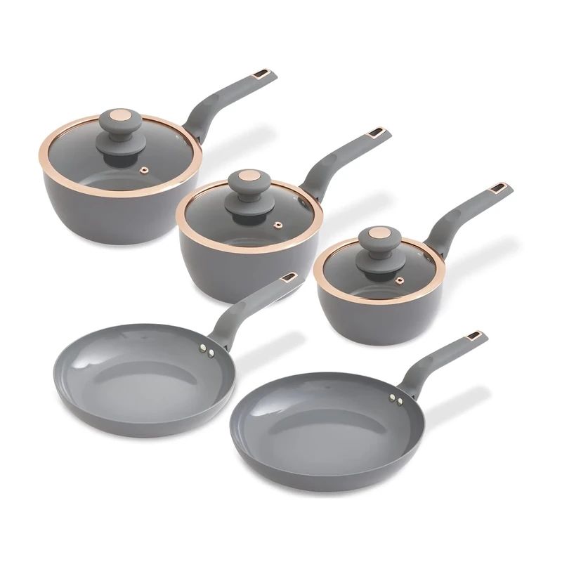 Tower T800232GRY Cavaletto 5 Piece Cookware Pan Set with 16cm, 18cm, 20cm Saucepans and 24cm, 28cm Non-Stick Frying Pans, Grey & Rose Gold