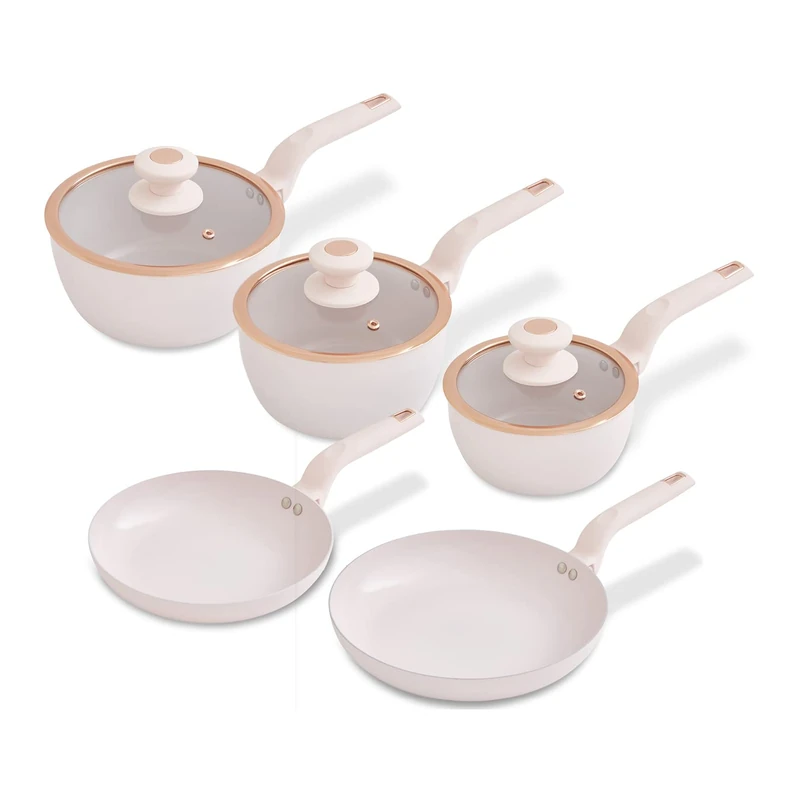Tower T800232PNK Cavaletto 5 Piece Cookware Pan Set with 16cm, 18cm, 20cm Saucepans and 24cm, 28cm Non-Stick Frying Pans, Pink & Rose Gold