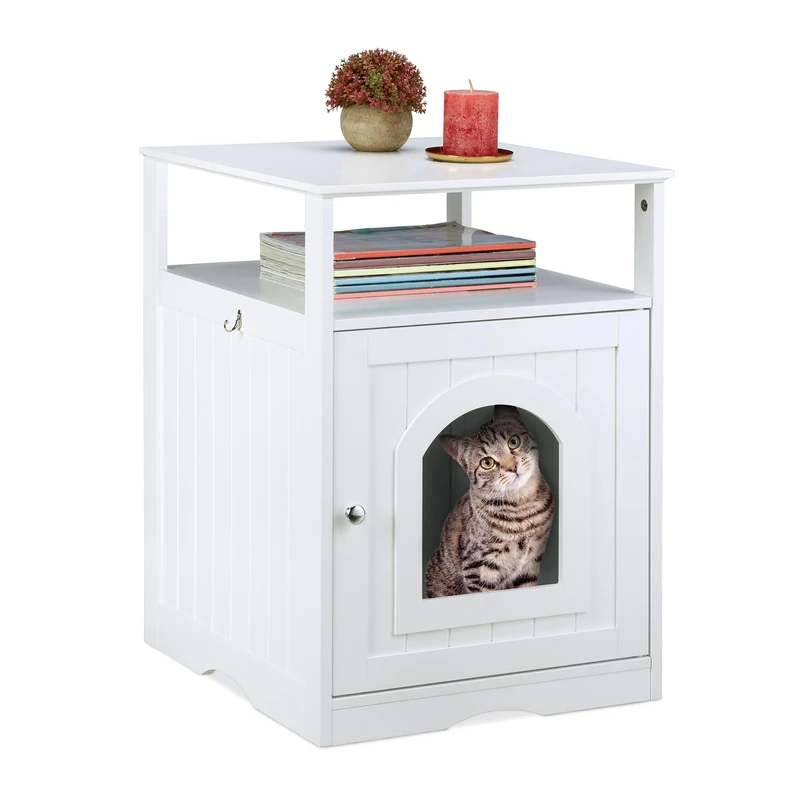 Relaxdays Cat Cabinet with Shelf, Wooden Cupboard Design, Kitten Toilet Box, House, H x W x D 64 x 48 x 53 cm, White