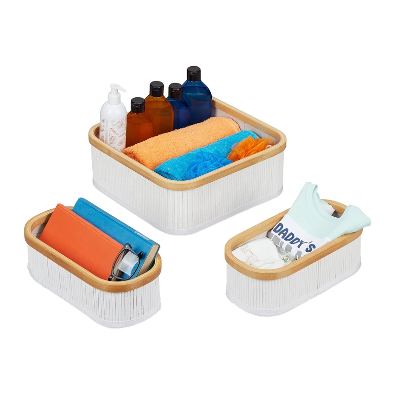 Relaxdays Basket x3, Bathroom Storage in 2 Sizes, Bamboo & Polyester, Decorative, Stackable, Natural, 12.5 x 33.5 x 33.5 cm