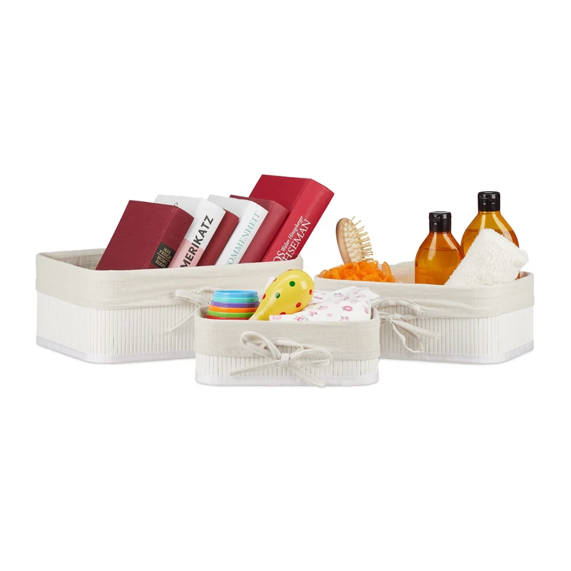 Relaxdays Basket x3, Bathroom Storage Boxes in 3 Sizes, Bamboo & Polyester, Multipurpose, Stackable, White/Creme, 12 x 32 x 22.5 cm
