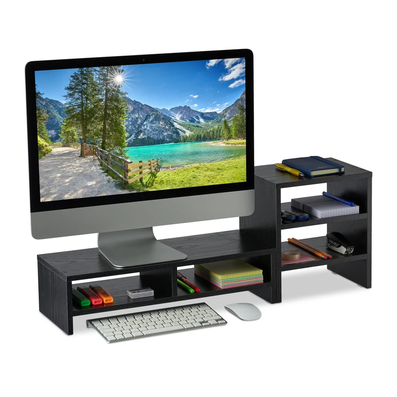 Relaxdays Monitor Stand with Shelf, 2 Parts, Office Organiser, Desk Space-Saver, Desktop Elevator, Black, Fibreboard, 28 x 75.5 x 20 cm