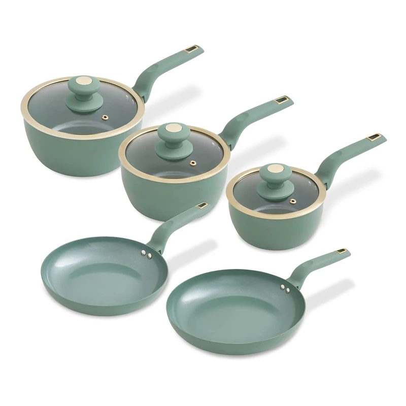 Tower T800232JDE Cavaletto 5 Piece Cookware Pan Set with 16cm, 18cm, 20cm Saucepans and 24cm, 28cm Non-Stick Frying Pans, Jade Green & Champagne Gold
