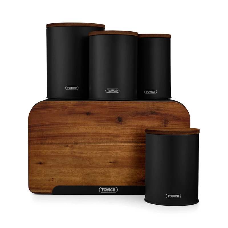 Tower T826140BLK Scandi 5 Piece Acacia Wood Storage Set with Bread Bin, Biscuit Barrel, Canisters, Black - Image 1