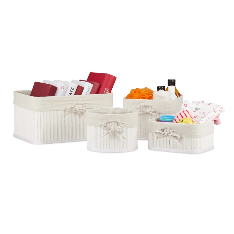 Relaxdays Storage Basket Set of 4, Bamboo and Fabric Lining, Shelves Organiser in Different Shapes, White, Various Sizes