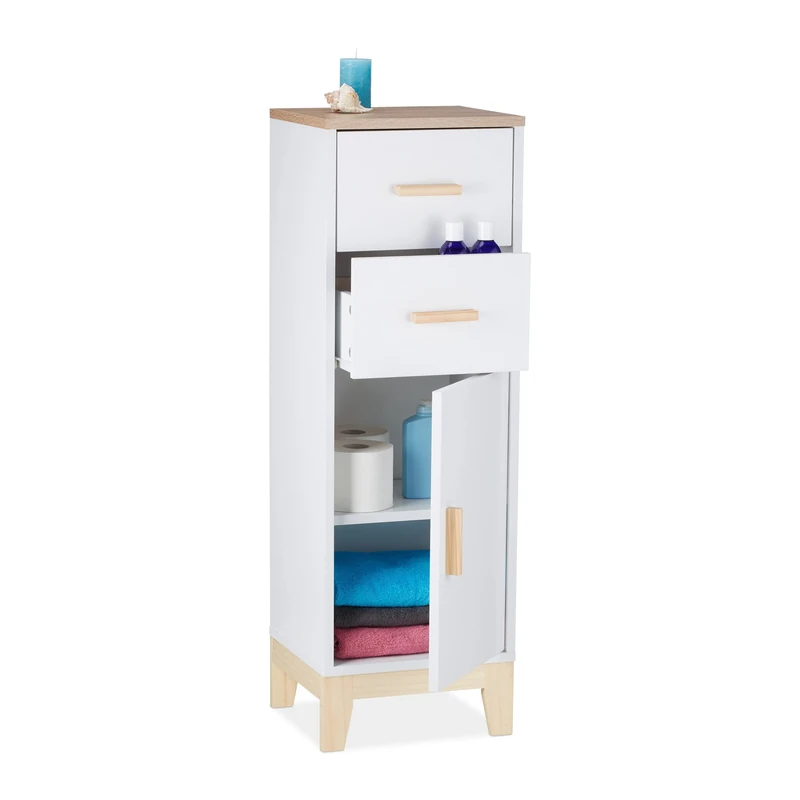 Relaxdays Bathroom Cabinet, 2 Drawers, Door Compartment, HxWxD: 97.5 x 32 x 28 cm, Niches & Hallway, Storage Unit, White, Fibreboard