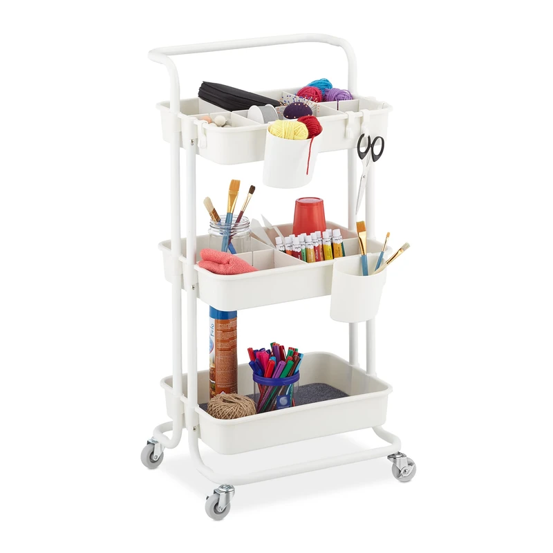 Relaxdays Storage Trolley, 3 Shelves, All-Purpose, Rolling Shelf H x W x D Approx. 86 x 43 x 42 cm, Metal, White, Plastic