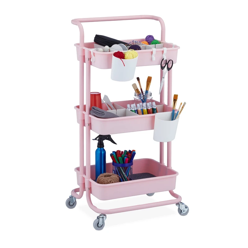 Relaxdays Storage Trolley, 3 Shelves, All-Purpose, Rolling Shelf H x W x D approx. 86 x 43 x 42 cm, Metal, Pink