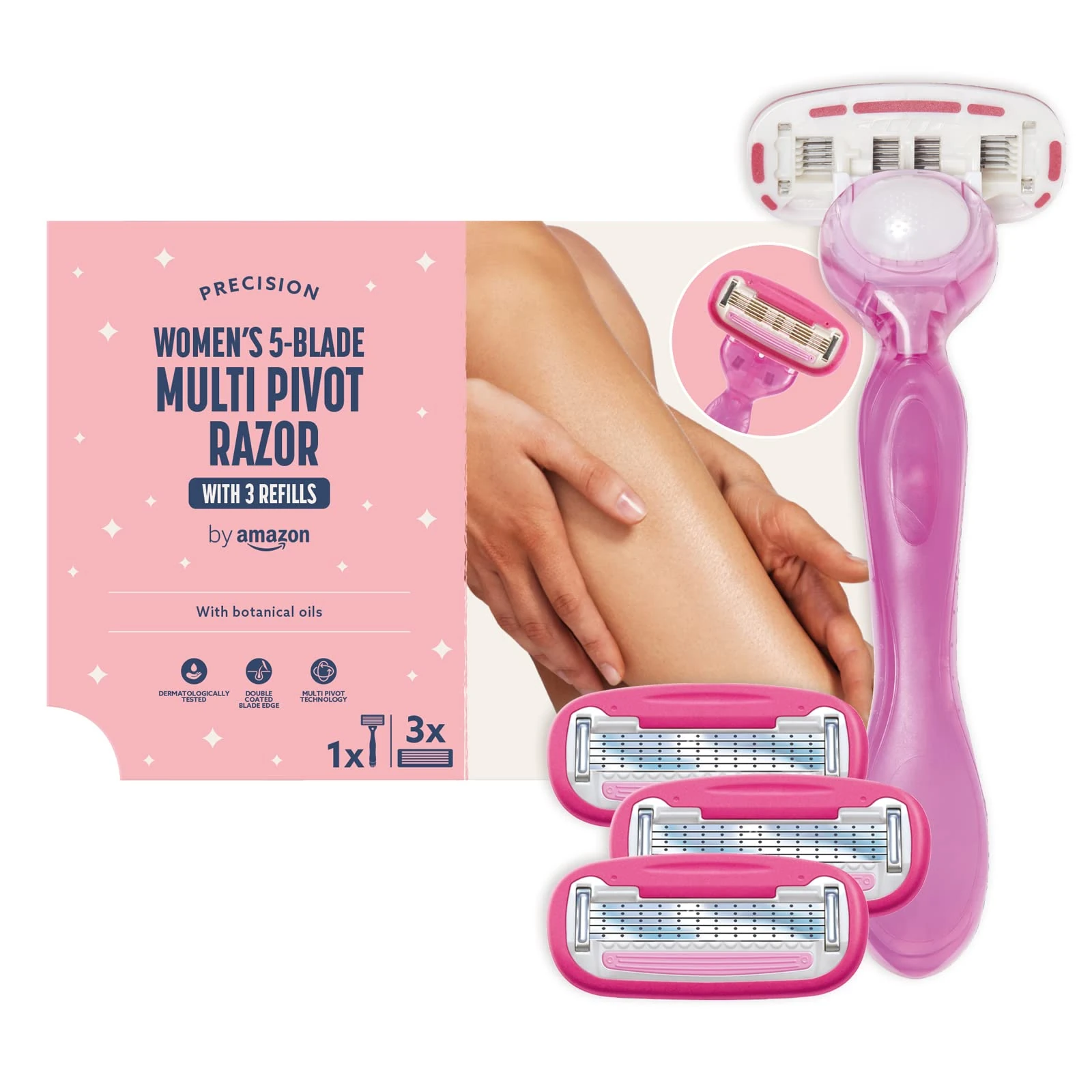by Amazon Women's 5 Blade Razor with Multi Axis Pivot handle + 3 refills