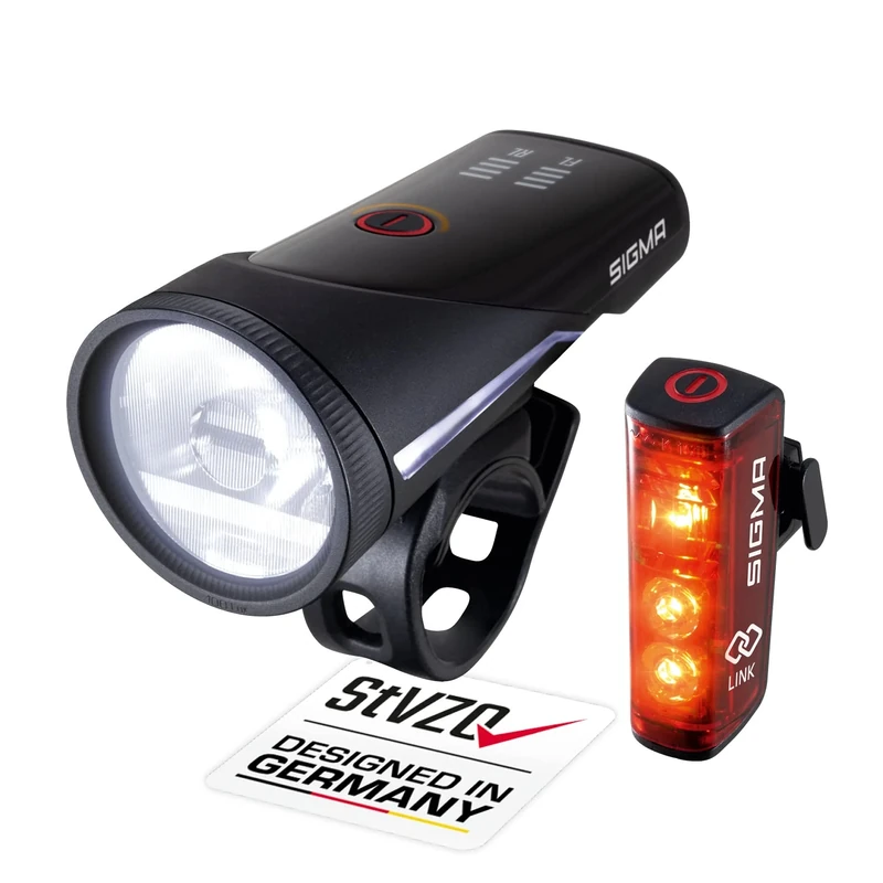 SIGMA SPORT AURA 100 / BLAZE LINK Set, Front and Rear Bike Lights, Battery-Powered, StVZO-Approved Bike Front Light and Rear Light with Innovative Coupling Function