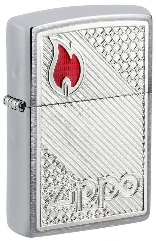Zippo Windproof Lighter, Red Logo Tiles Pattern Design – Brushed Chrome, Emblem – Refillable, Reusable, Windproof Design – Comes in Gift Box – Made in USA