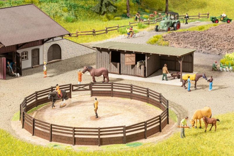 Noch Micro-Motion Riding Area with Horse Boxes, Moving Horse Set Including Sound for Track H0, Ideal for Model Lovers