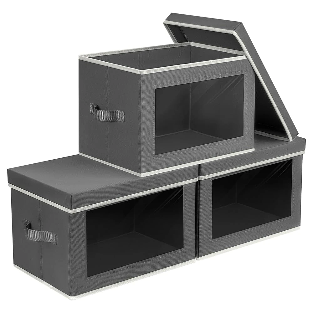 Homsorout 3 Pack Storage Boxes with Lids Foldable - Wardrobe Organiser Storage Cubes with Transparent Window Fabric Organiser Box for Shelf, Toys, Clothes, Books, Closet, Office