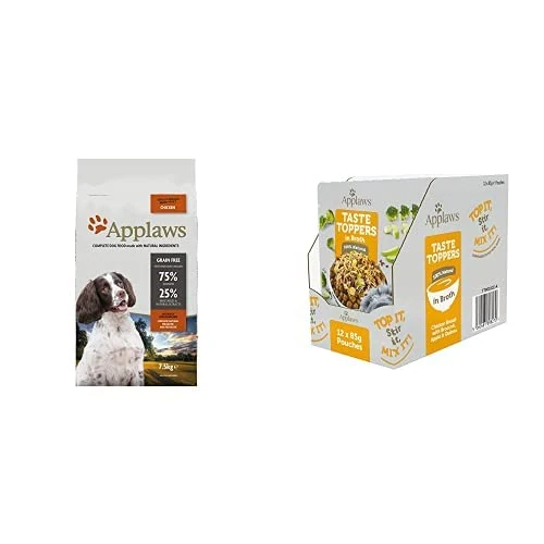 Applaws Natural Complete Dry Dog Food for Adult Breed Dogs, Chicken, 7.5 kg (Pack of 1) and Applaws Taste Toppers Natural Wet Dog Food, Grain Free Chicken and Vegetables in Broth Pouch 12 x 85g