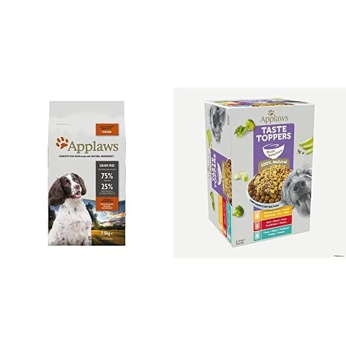 Applaws Natural Complete Dry Dog Food for Adult Breed Dogs, Chicken, 7.5 kg (Pack of 1) and Applaws Taste Toppers Natural Wet Dog Food, Grain Free Meat and Fish Mixed Selection in Broth Pouch 6 x 85g