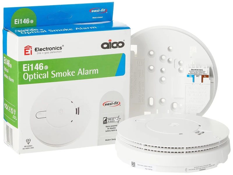 Aico Ei146e Optical Smoke Alarm AC mains power supply and 9V alkaline battery back-up.