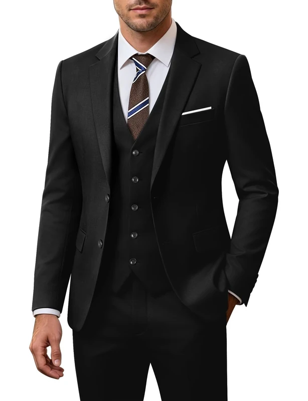 Holivyer Men's 3 Piece Slim Fit Suit Set, Two Button Blazer Solid Jacket Vest Pants Wedding Business Suit, Black, Large