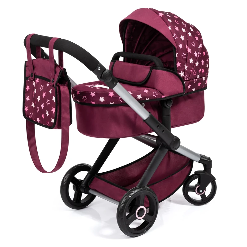 Bayer Baby Dolls Pram XEO - Convertible Doll Pushchair, Carrycot & Changing Bag - Stroller with Adjustable Handle Height for Girls, Tall Dolls Pram for 6+, 3-5 Year Olds - Burgundy, Pink Stars