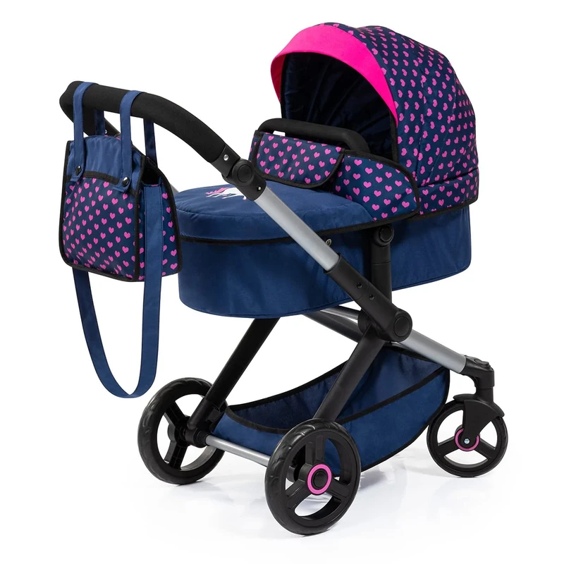 Bayer Design 17054AA Combi dolls pram Xeo, stroller, height-adjustable handle, convertible, bag, blue with unicorn and hearts