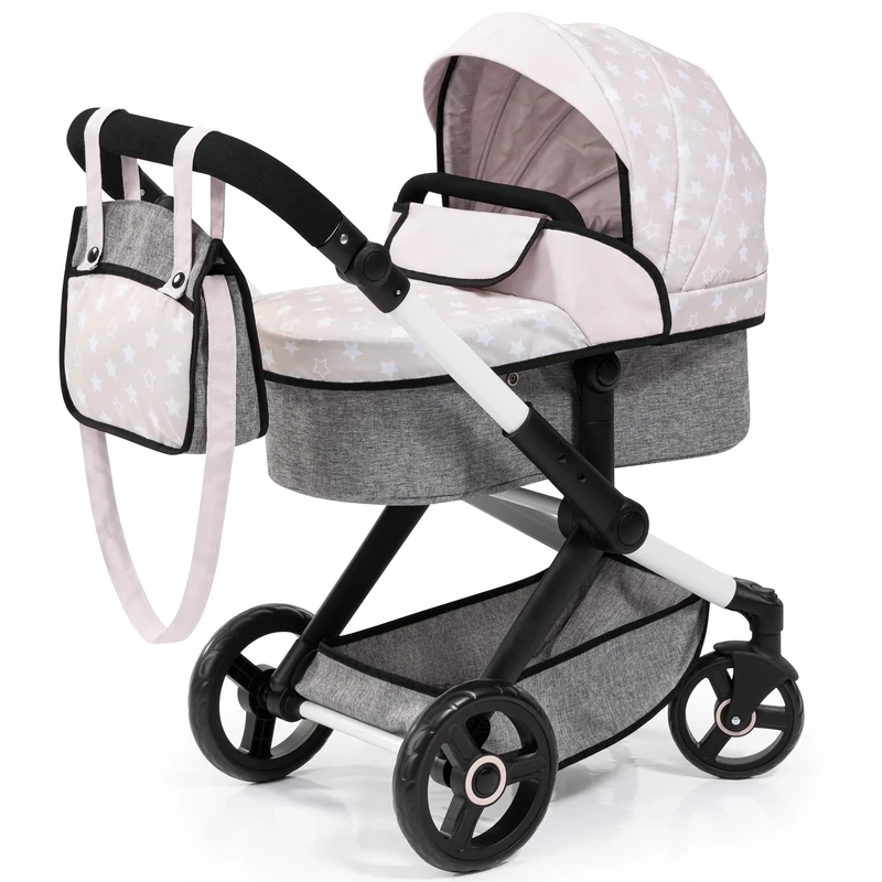 Bayer Design 17031AA Combi dolls pram Xeo, stroller, height-adjustable handle, convertible, bag, white-grey with stars