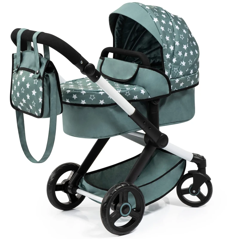 BAYER Design 17058AA Combi Dolls pram Xeo, Stroller, Height-Adjustable Handle, Convertible, Bag, Green, Star,Medium